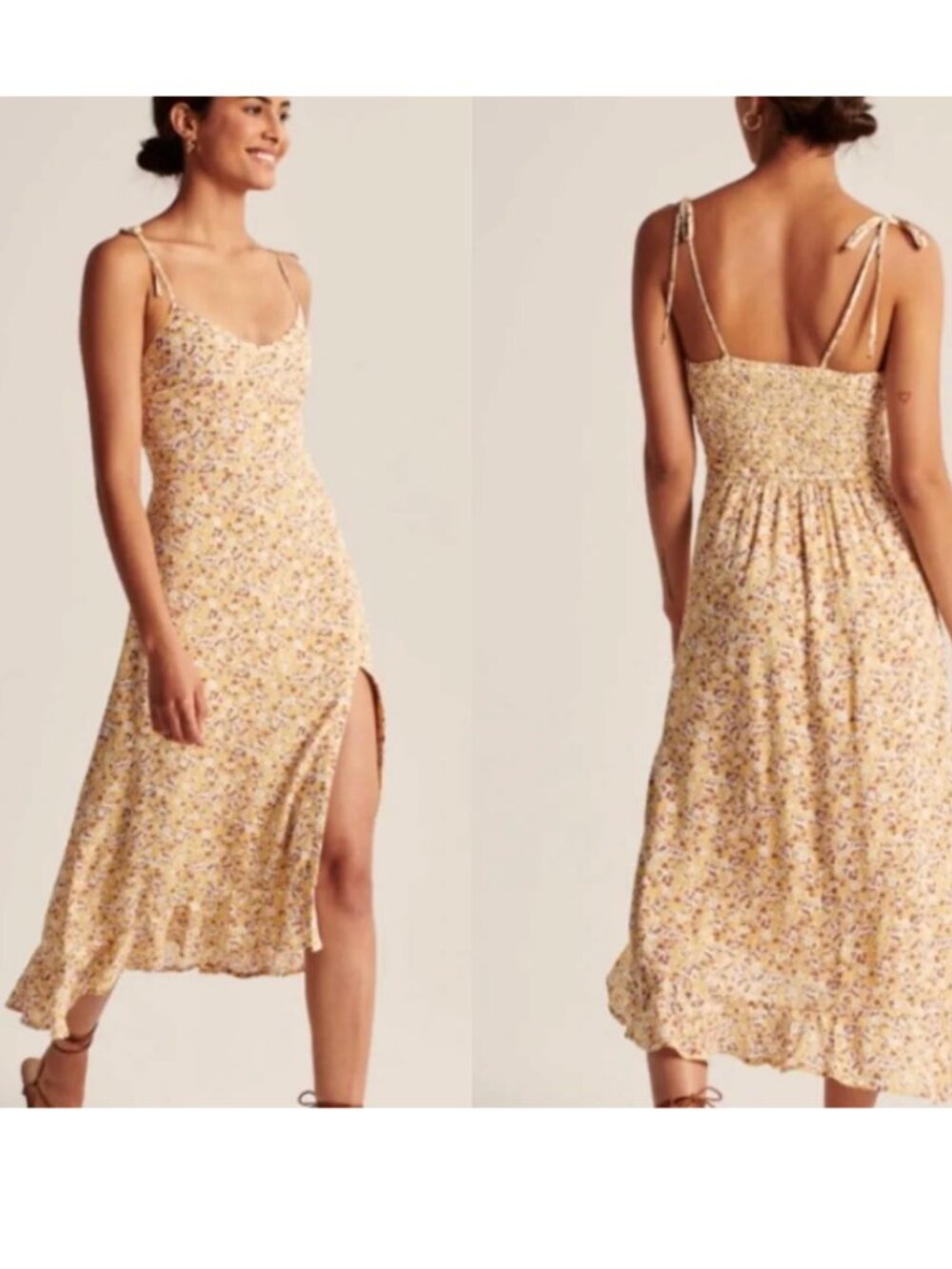 ABERCROMBIE & FITCH Tie Strap Yellow Floral Midi Dress Slit Tie Strap XS